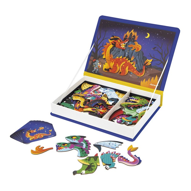Libro magnetico per bambini a tema draghi con 53 magneti e 10 modelli da seguire